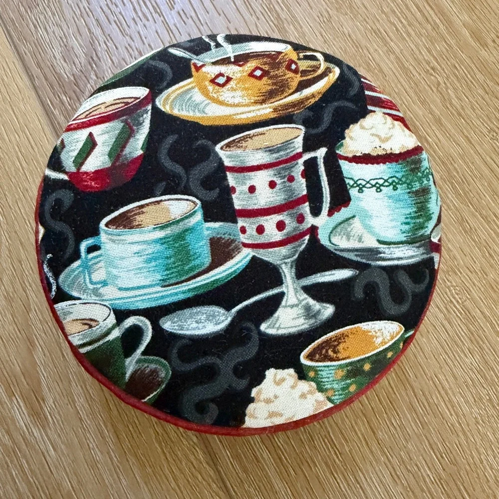 Handmade Fabric Coffee Tea Cup Trinket Box Round Red Velvet Trim Keepsake Case